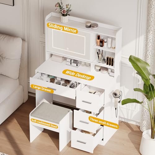 Viaozutis Vanity Desk with a Mirror and Lights，with Chair and Four Drawers