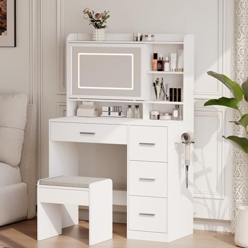 Viaozutis Vanity Desk with a Mirror and Lights，with Chair and Four Drawers